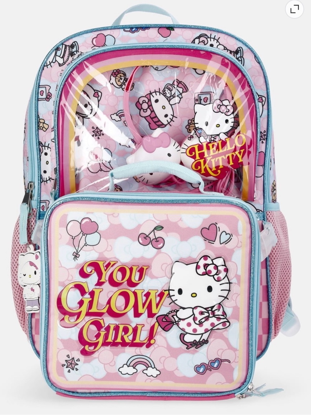 Hello Kitty 4PC Backpack Set With Lunch Tote, Headphones And Rubber Dangle